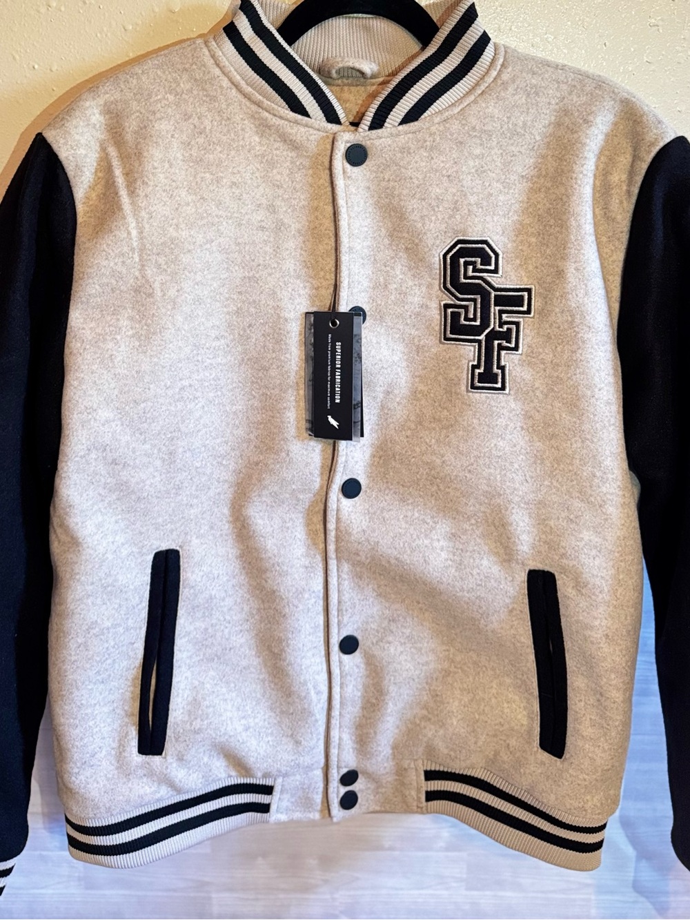 Stone Falcon-Classic Two-Tone Zip-Up Varsity Sweater Jacket - Light Gray & Black